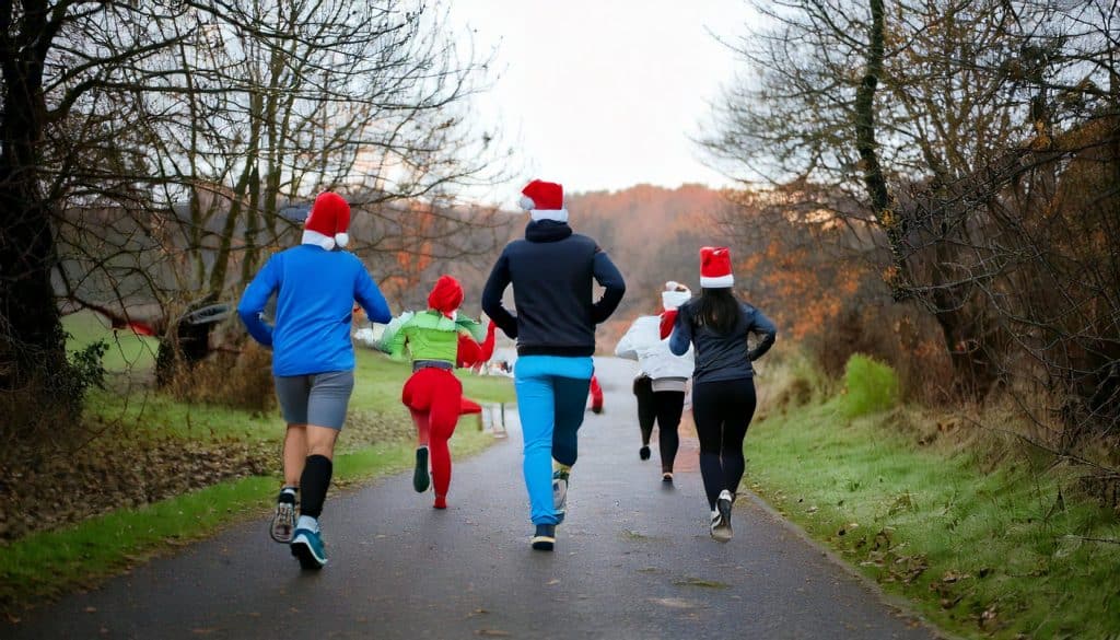 a group of people running on a path with santa hats
