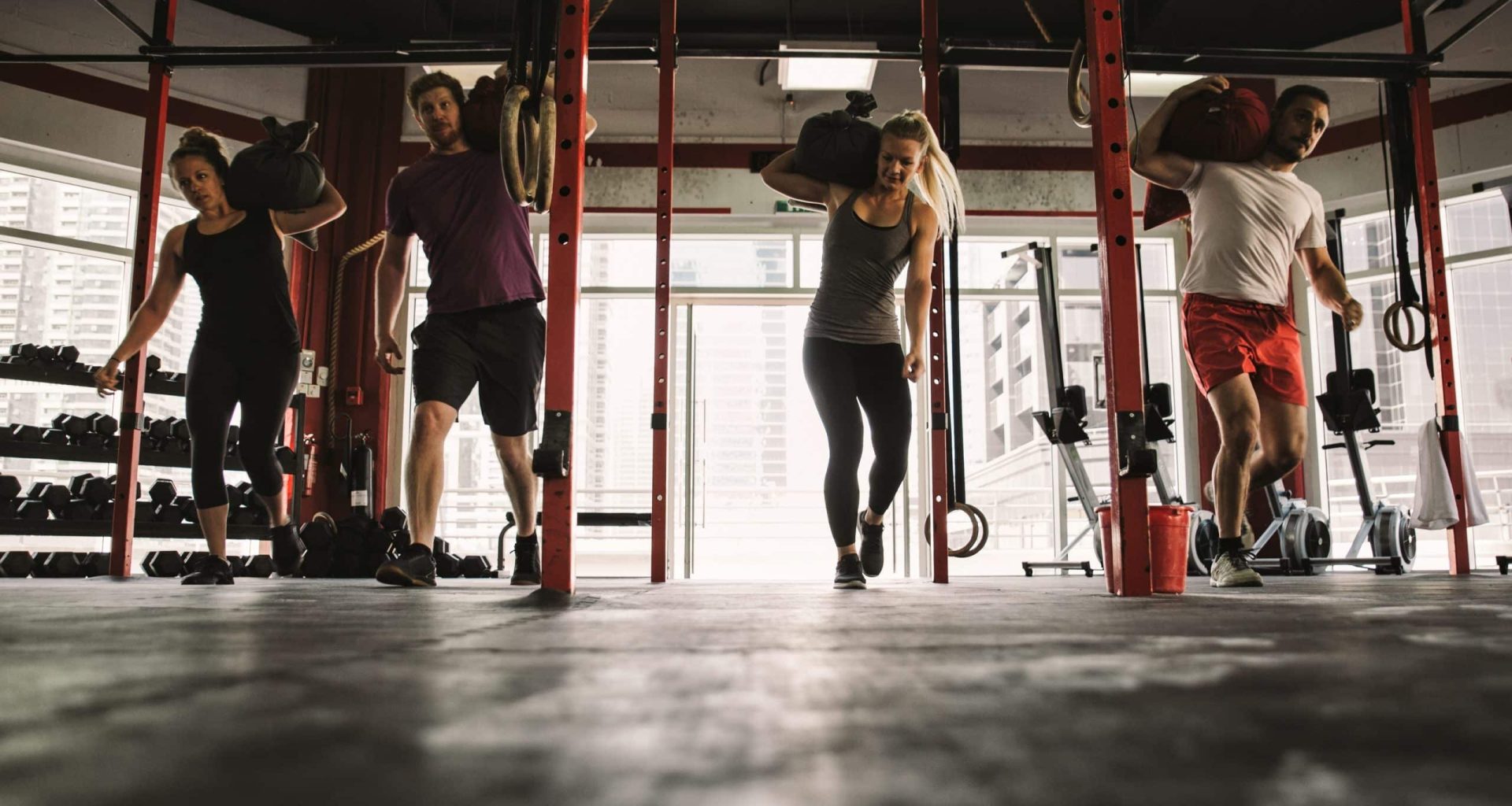 a group of people in a gym